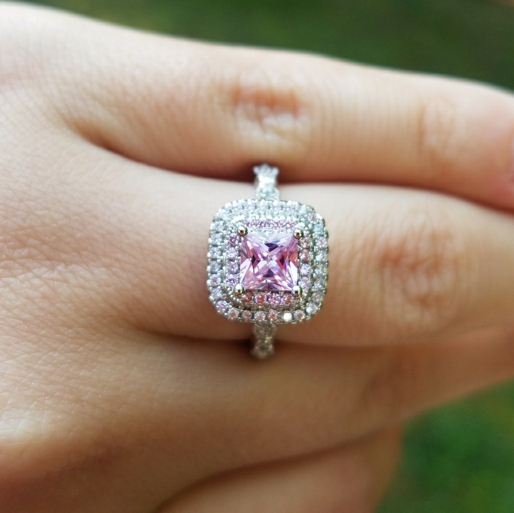 NEW Silver Pink Princess Cut Double Halo Ring - Picture 5 of 8